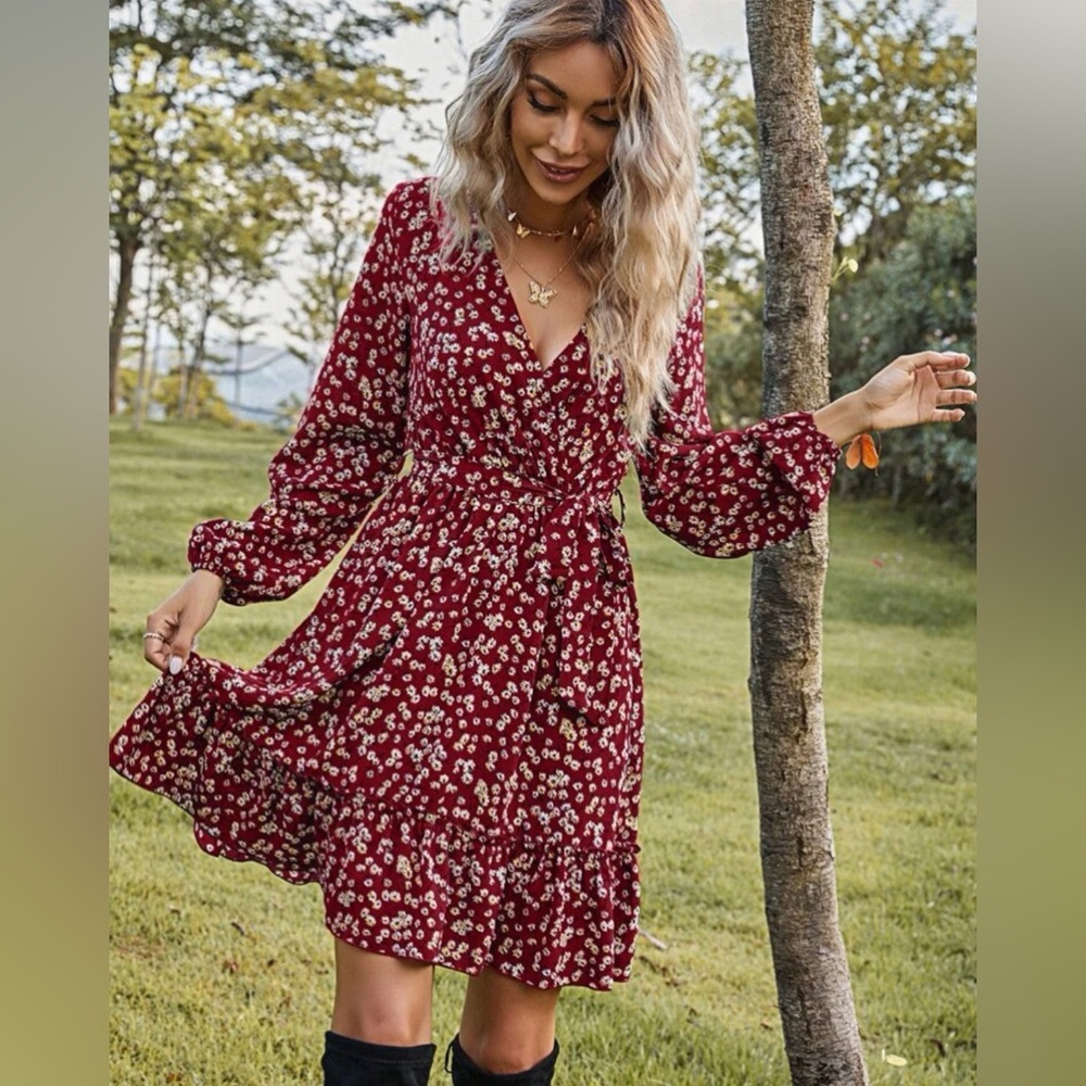 SHEIN- Red Floral- Long Sleeve Dress- Size Large